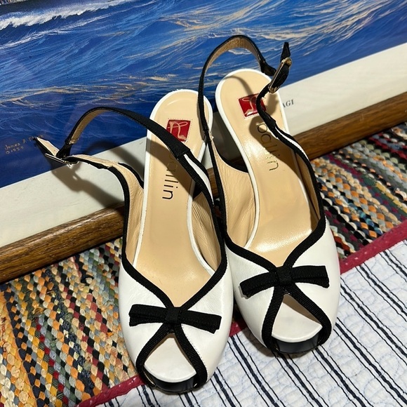 BALLIN open toe white and black with ribbons heel size Euro 37.5 US size 7.5 - Picture 1 of 16